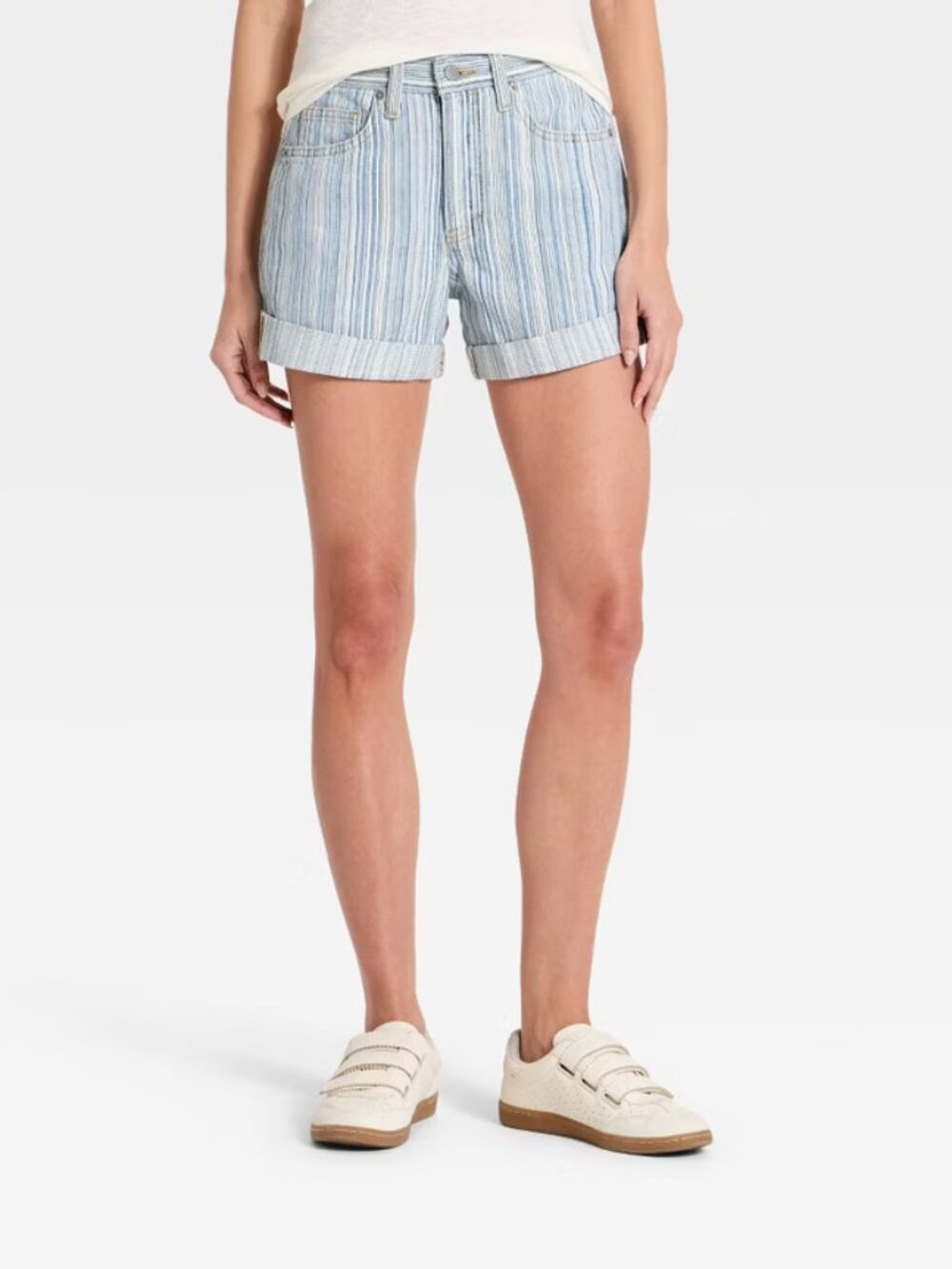 Women's Mid-Rise 90s Baggy Cuff Denim Shorts - Universal Thread™ Blue Striped 2